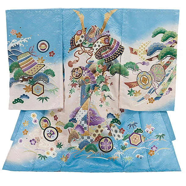 夏用 男児産着 お宮参り 2820 単衣 水色 兜に松