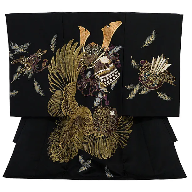 男児産着 お宮参りレンタル2824 黒地 兜 鷹