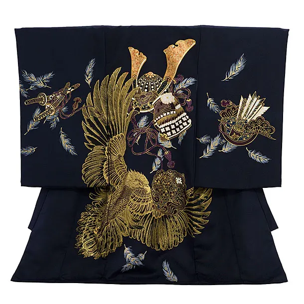 男児産着 お宮参りレンタル2825 紺地 兜 鷹