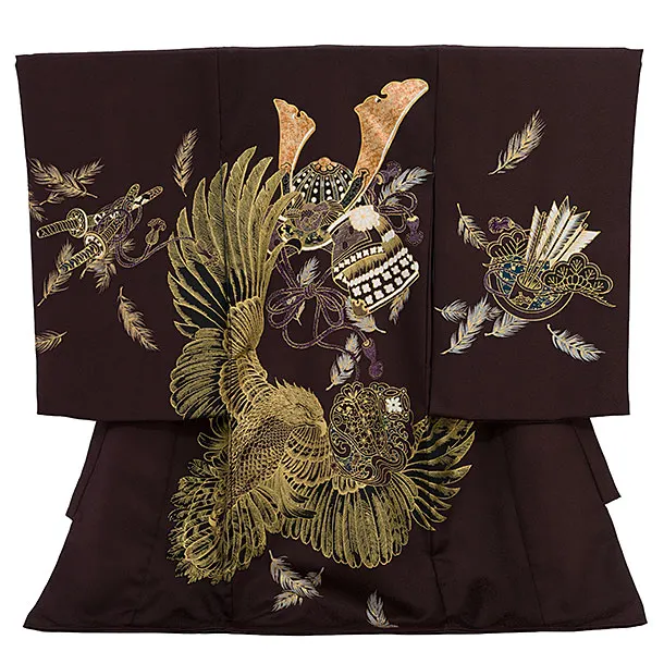 男児産着 お宮参りレンタル2826 茶色地 兜 鷹