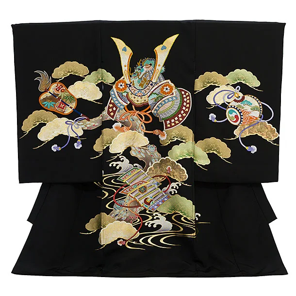 男児産着 お宮参りレンタル2853【正絹】黒地 兜刺繍 武具に吉祥松