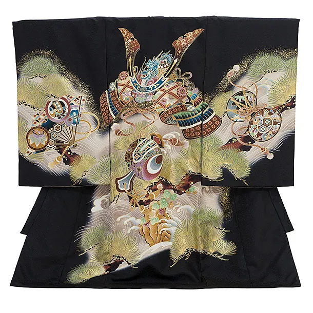 男児産着 お宮参りレンタル2855 黒地 兜と小槌 松波