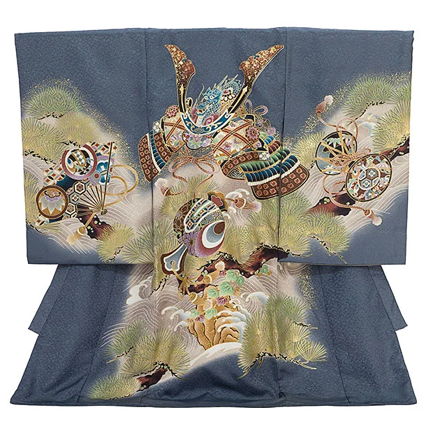 男児産着 お宮参りレンタル2858 グレー地 兜と小槌 松波