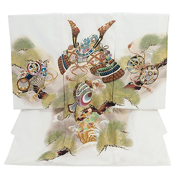 男児産着 お宮参りレンタル2859 白地 兜と小槌 松波