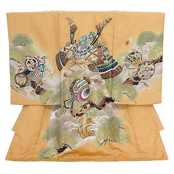 男児産着 お宮参りレンタル2860 からし色 兜と小槌 松波