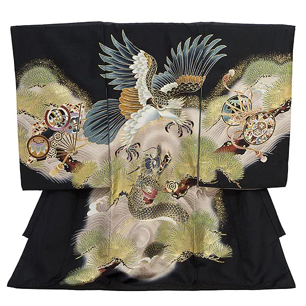 男児産着 お宮参りレンタル2861 黒地 鷹と龍 松