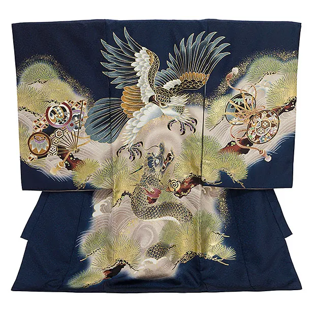 男児産着 お宮参りレンタル2862 紺地 鷹と龍 松