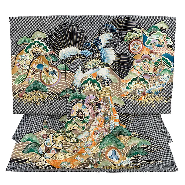 男児産着 お宮参りレンタル2914 黒地 鷹に吉祥文様