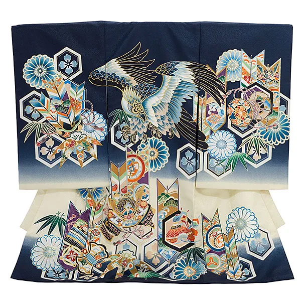 男児産着 お宮参りレンタル2917 紺地 亀甲紋に矢羽根 鷹