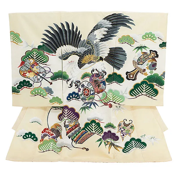 男児産着 お宮参りレンタル2920 ベージュ 鷹に鼓 松