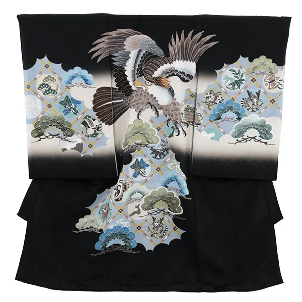 男児産着 お宮参りレンタル2929【正絹】黒地 鷹 格子に丸紋