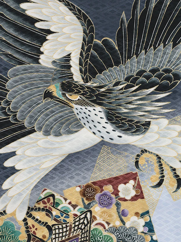 男児産着 お宮参りレンタル2939 グレー地鷹 御所車に松 | 着物レンタル