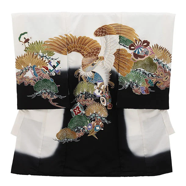 男児産着 お宮参りレンタル2945【高級正絹】白地 鷹に松