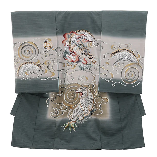 男児産着 お宮参りレンタル2946【正絹】グレー地 龍に虎 瑞雲