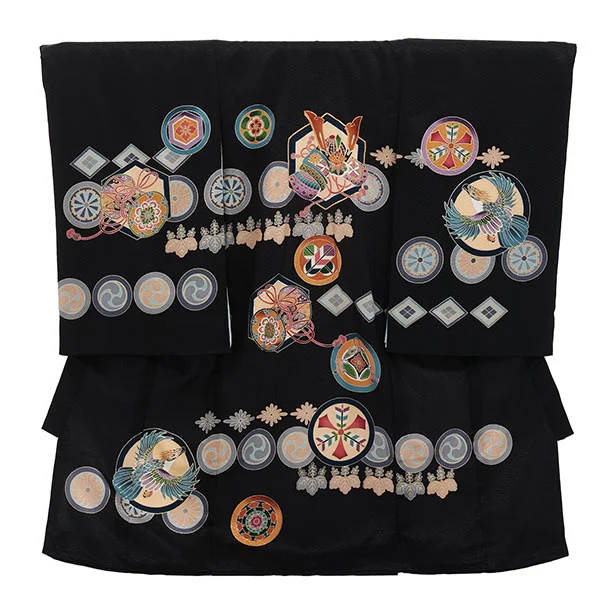 男児産着 お宮参りレンタル2947【正絹】黒地 兜に丸紋