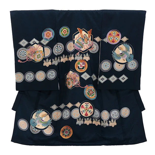 男児産着 お宮参りレンタル2948【正絹】紺地 兜に丸紋