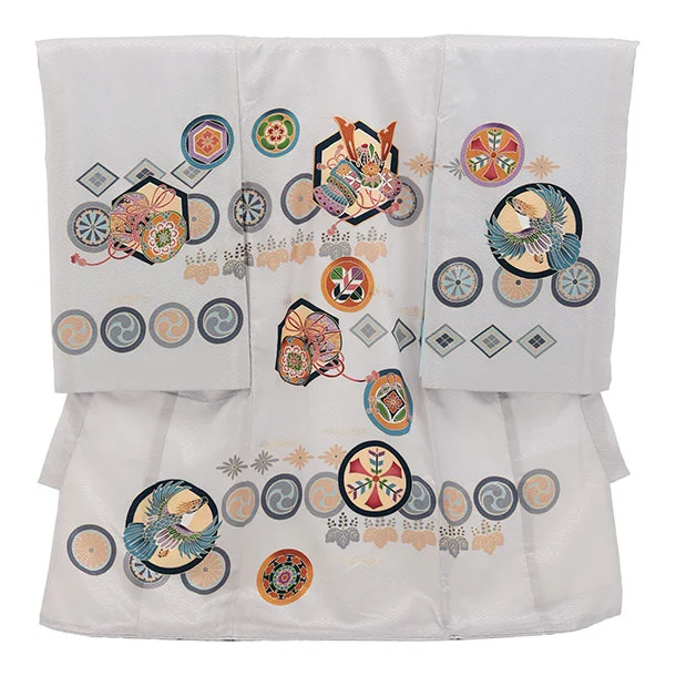 男児産着 お宮参りレンタル2949【正絹】シルバーグレー 兜に丸紋