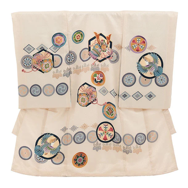 男児産着 お宮参りレンタル2950【正絹】ベージュ 兜に丸紋