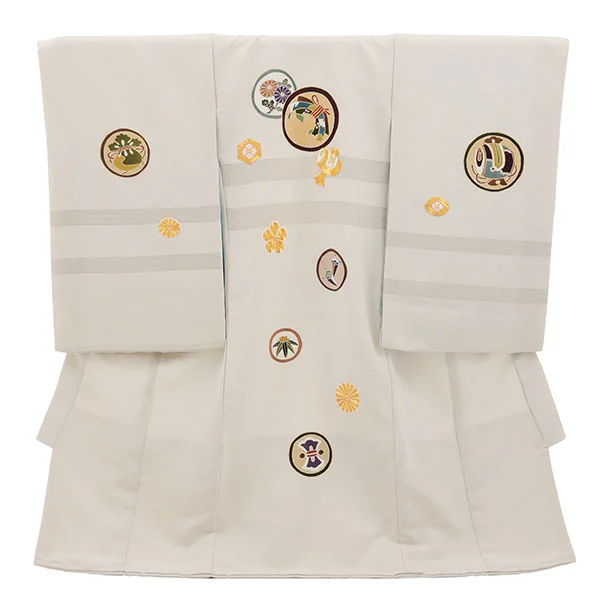 男児産着 お宮参りレンタル2951【正絹】伝産京友禅 薄グレー金コマ刺繍に丸紋