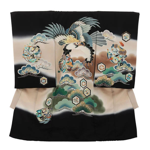 男児産着 お宮参りレンタル2991【正絹】 黒地 鷹に吉祥文様