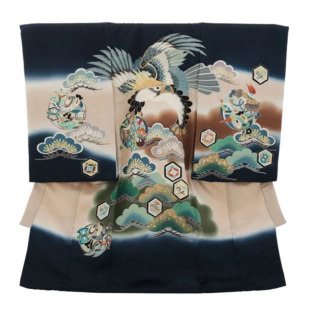 男児産着 お宮参りレンタル2992【正絹】 紺地 鷹に吉祥文様