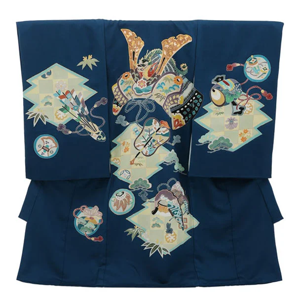 男児産着 お宮参りレンタル2993【正絹】 青地 兜に宝づくし