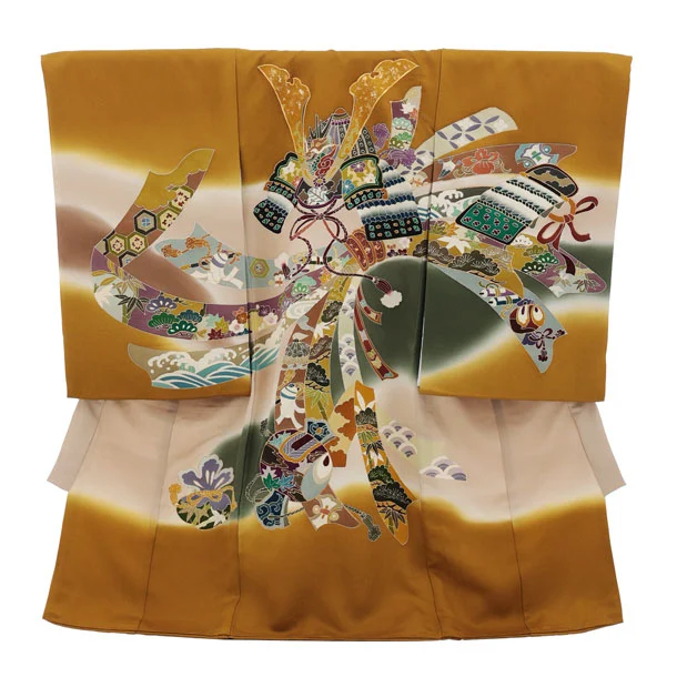 男児産着 お宮参りレンタル2994【正絹】 金茶 兜に束ね熨斗