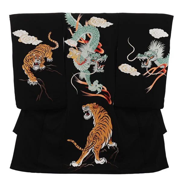 男児産着 お宮参りレンタル2996 黒地ちりめん刺繍 龍虎