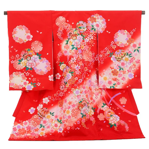 産着レンタル 女の子(お宮参り)1227 赤 花輪と鼓 | 着物レンタル