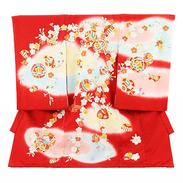女児産着 お宮参りレンタル2193【正絹】赤地 菊に鶴 | 着物