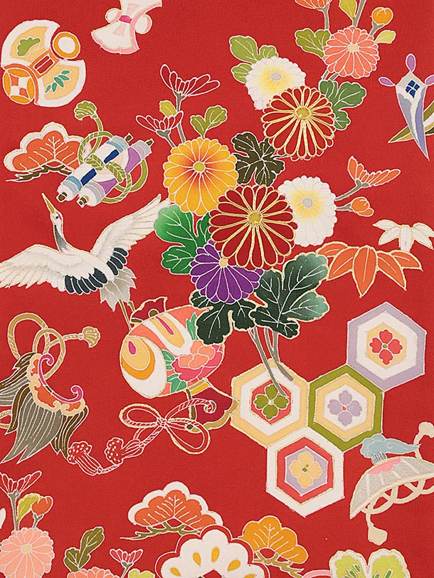 #10-117  正絹  女児  お宮参り  産着  きもの　花に鼓　織鶴 10-117 正絹 女児 お宮参り 産着 きもの 花に鼓 織鶴