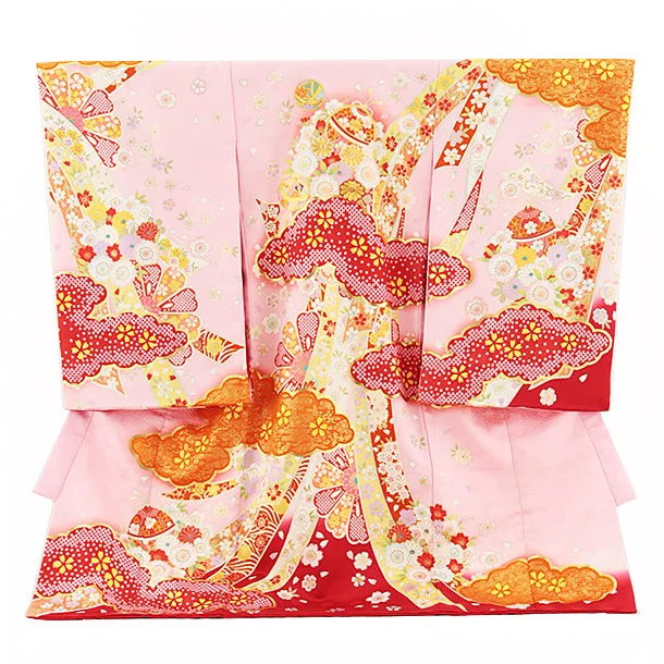 新品　女児産着 お宮参り 正絹 ピンク地 絞り花車 刺繍 お宮参り産着 正絹 のしめ 女児 着物 絞り 総刺繍 ピンク