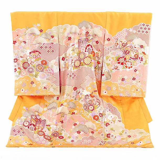 女児産着 お宮参りレンタル2647【正絹】伝産京友禅 オレンジ地 御所車に雲取り