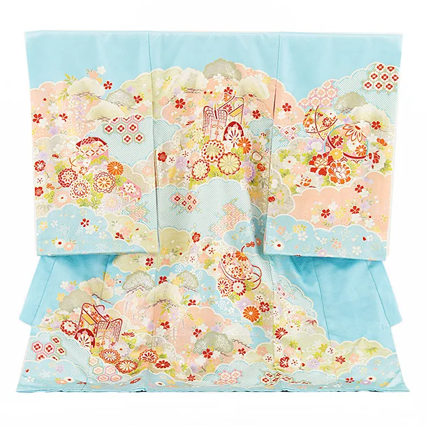 女児産着 お宮参りレンタル2648【正絹】伝産京友禅 水色地 御所車に雲取り