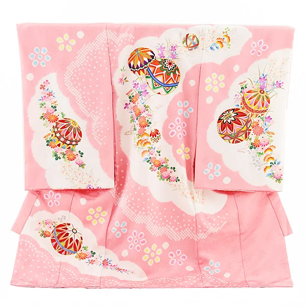 女児産着 お宮参りレンタル2659【正絹】ピンク地 鞠刺繍に花