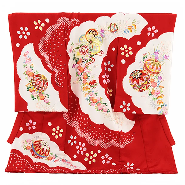 女児産着 お宮参りレンタル2660【正絹】赤地 刺繍ねじり梅に鞠