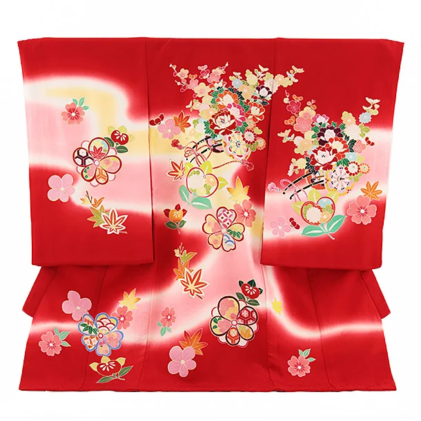 女児産着 お宮参りレンタル2661【正絹】赤地 花車に橘