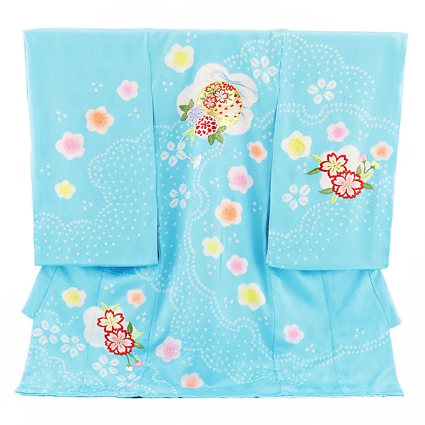 女児産着 お宮参りレンタル2662【正絹】水色地 鈴に刺繍桜と梅