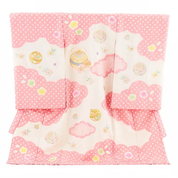 女児産着 お宮参りレンタル2663【正絹】ピンク地 刺繍 鈴と鞠 桜