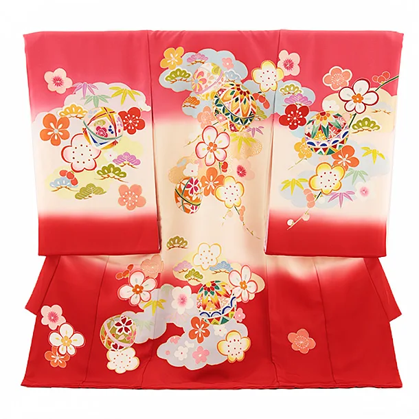 女児産着 お宮参りレンタル2665【正絹】ピンク地 鞠に松竹梅