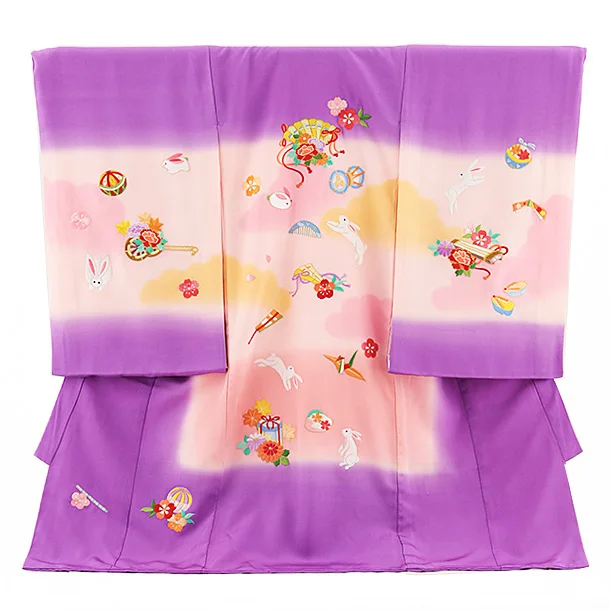 女児産着 お宮参りレンタル2667【正絹】パープル地 刺繍扇 花車とうさぎ