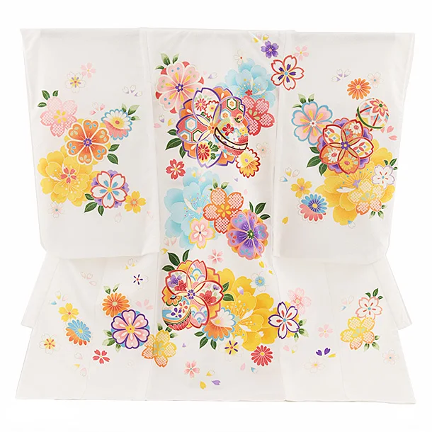 夏用 女児産着 お宮参り2669 単衣 白地 八重桜に鈴