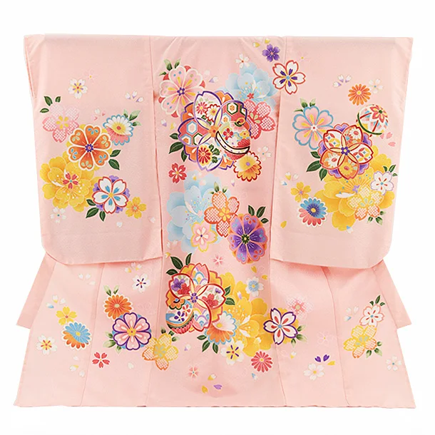 夏用 女児産着 お宮参り2670 単衣 ピンク地 八重桜に鈴