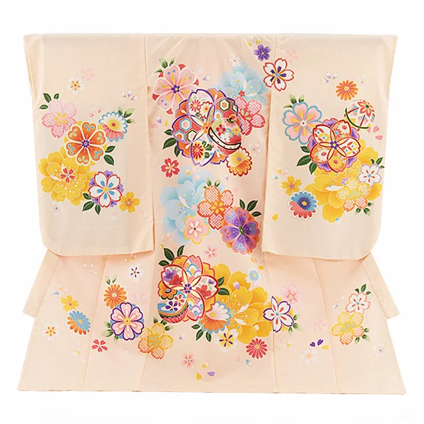 夏用 女児産着 お宮参り2671 単衣 サーモンピンク地 八重桜に鈴