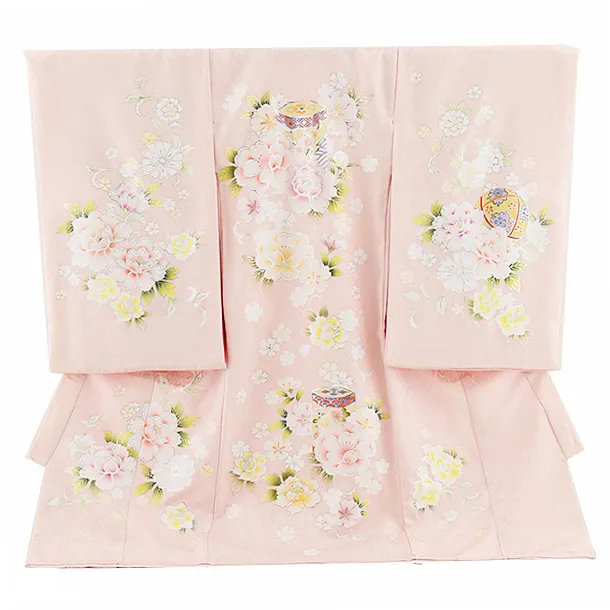 女児産着 お宮参り2678【正絹】伝産京友禅 薄ピンク地 貝桶に牡丹