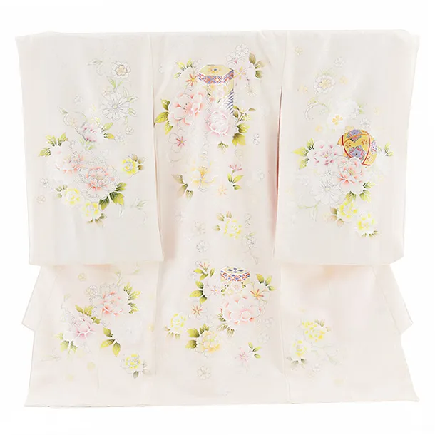 女児産着 お宮参り2679【正絹】伝産京友禅 アイボリー地 貝桶に牡丹