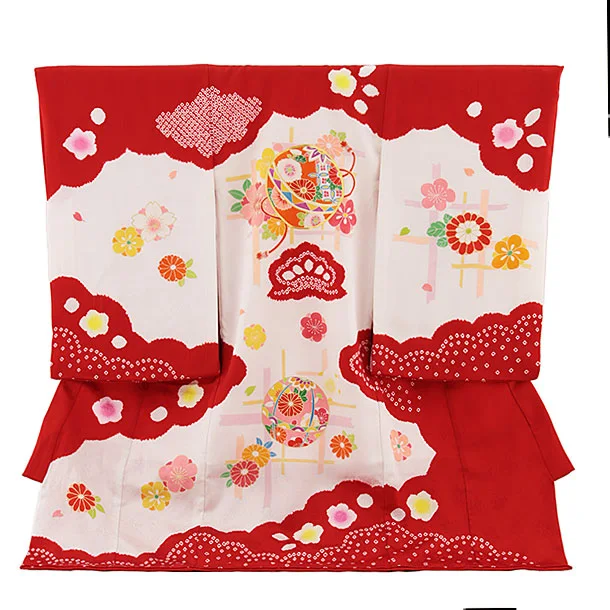 女児産着 お宮参りレンタル2710【正絹】赤地 格子に鞠と花