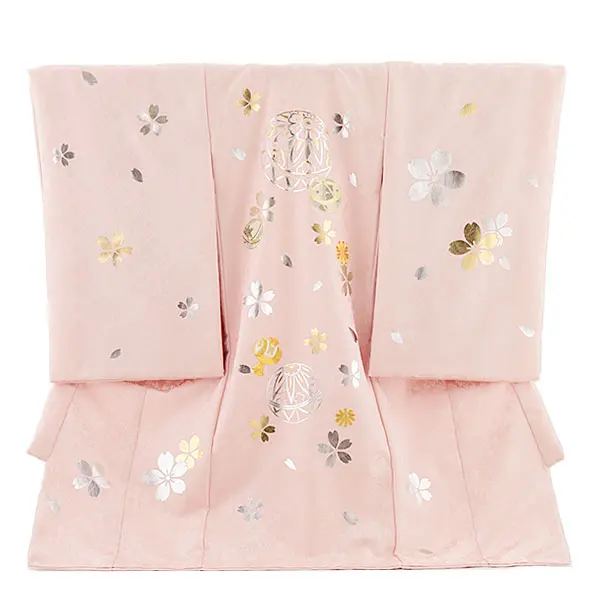 女児産着 お宮参りレンタル2713【正絹】薄ピンク 鞠と小槌刺繍に桜