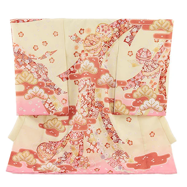 女児産着 お宮参り レンタル2720 クリーム地 鞠と熨斗に松