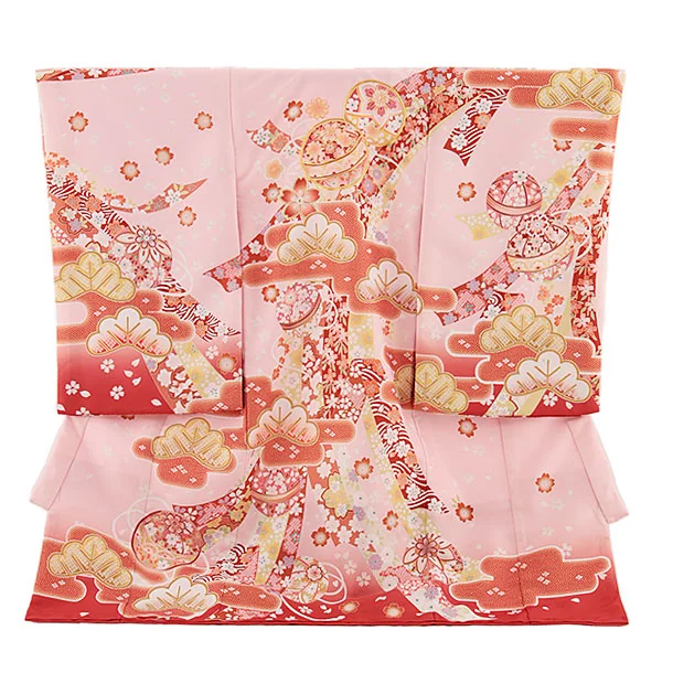 女児産着 お宮参り レンタル2721 ピンク地 鞠と熨斗に松